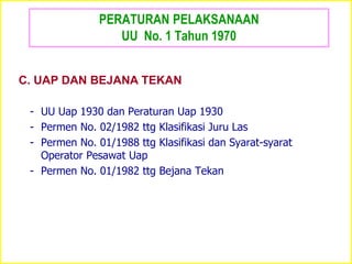 PERATURAN PELAKSANAAN
UU No. 1 Tahun 1970
- UU Uap 1930 dan Peraturan Uap 1930
- Permen No. 02/1982 ttg Klasifikasi Juru Las
- Permen No. 01/1988 ttg Klasifikasi dan Syarat-syarat
Operator Pesawat Uap
- Permen No. 01/1982 ttg Bejana Tekan
C. UAP DAN BEJANA TEKAN
 