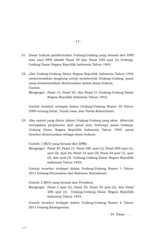 - 17 -
- 17 -
31. Dasar hukum pembentukan Undang-Undang yang berasal dari DPR
atas usul DPD adalah Pasal 20 dan Pasal 22D ayat (1) Undang-
Undang Dasar Negara Republik Indonesia Tahun 1945.
32. Jika Undang-Undang Dasar Negara Republik Indonesia Tahun 1945
memerintahkan langsung untuk membentuk Undang-Undang, pasal
yang memerintahkan dicantumkan dalam dasar hukum.
Contoh:
Mengingat: Pasal 15, Pasal 20, dan Pasal 21 Undang-Undang Dasar
Negara Republik Indonesia Tahun 1945;
Contoh tersebut terdapat dalam Undang-Undang Nomor 20 Tahun
2009 tentang Gelar, Tanda Jasa, dan Tanda Kehormatan.
33. Jika materi yang diatur dalam Undang-Undang yang akan dibentuk
merupakan penjabaran dari pasal atau beberapa pasal Undang-
Undang Dasar Negara Republik Indonesia Tahun 1945, pasal
tersebut dicantumkan sebagai dasar hukum.
Contoh 1 (RUU yang berasal dari DPR):
Mengingat: Pasal 20, Pasal 21, Pasal 28C ayat (1), Pasal 28H ayat (1),
ayat (2), ayat (4), Pasal 33 ayat (3), Pasal 34 ayat (1), ayat
(2), dan ayat (3) Undang-Undang Dasar Negara Republik
Indonesia Tahun 1945;
Contoh tersebut terdapat dalam Undang-Undang Nomor 1 Tahun
2011 tentang Perumahan dan Kawasan Pemukiman.
Contoh 2 (RUU yang berasal dari Presiden):
Mengingat: Pasal 5 ayat (1), Pasal 20, Pasal 26 ayat (2), dan Pasal
28E ayat (1) Undang-Undang Dasar Negara Republik
Indonesia Tahun 1945;
Contoh tersebut terdapat dalam Undang-Undang Nomor 6 Tahun
2011 tentang Keimigrasian.
34. Dasar . . .
 