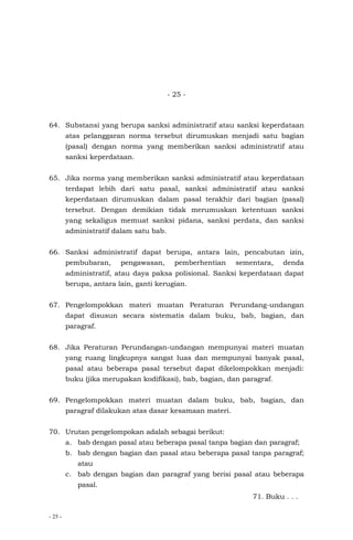 - 25 -
- 25 -
64. Substansi yang berupa sanksi administratif atau sanksi keperdataan
atas pelanggaran norma tersebut dirumuskan menjadi satu bagian
(pasal) dengan norma yang memberikan sanksi administratif atau
sanksi keperdataan.
65. Jika norma yang memberikan sanksi administratif atau keperdataan
terdapat lebih dari satu pasal, sanksi administratif atau sanksi
keperdataan dirumuskan dalam pasal terakhir dari bagian (pasal)
tersebut. Dengan demikian tidak merumuskan ketentuan sanksi
yang sekaligus memuat sanksi pidana, sanksi perdata, dan sanksi
administratif dalam satu bab.
66. Sanksi administratif dapat berupa, antara lain, pencabutan izin,
pembubaran, pengawasan, pemberhentian sementara, denda
administratif, atau daya paksa polisional. Sanksi keperdataan dapat
berupa, antara lain, ganti kerugian.
67. Pengelompokkan materi muatan Peraturan Perundang-undangan
dapat disusun secara sistematis dalam buku, bab, bagian, dan
paragraf.
68. Jika Peraturan Perundangan-undangan mempunyai materi muatan
yang ruang lingkupnya sangat luas dan mempunyai banyak pasal,
pasal atau beberapa pasal tersebut dapat dikelompokkan menjadi:
buku (jika merupakan kodifikasi), bab, bagian, dan paragraf.
69. Pengelompokkan materi muatan dalam buku, bab, bagian, dan
paragraf dilakukan atas dasar kesamaan materi.
70. Urutan pengelompokan adalah sebagai berikut:
a. bab dengan pasal atau beberapa pasal tanpa bagian dan paragraf;
b. bab dengan bagian dan pasal atau beberapa pasal tanpa paragraf;
atau
c. bab dengan bagian dan paragraf yang berisi pasal atau beberapa
pasal.
71. Buku . . .
 