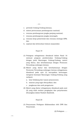 - 11 -
- 11 -
c. perintah Undang-Undang lainnya;
d. sistem perencanaan pembangunan nasional;
e. rencana pembangunan jangka panjang nasional;
f. rencana pembangunan jangka menengah;
g. rencana kerja pemerintah dan rencana strategis DPR;
dan
h. aspirasi dan kebutuhan hukum masyarakat.
Pasal 19
(1) Prolegnas sebagaimana dimaksud dalam Pasal 16
memuat program pembentukan Undang-Undang
dengan judul Rancangan Undang-Undang, materi
yang diatur, dan keterkaitannya dengan Peraturan
Perundang-undangan lainnya.
(2) Materi yang diatur dan keterkaitannya dengan
Peraturan Perundang-undangan lainnya sebagaimana
dimaksud pada ayat (1) merupakan keterangan
mengenai konsepsi Rancangan Undang-Undang yang
meliputi:
a. latar belakang dan tujuan penyusunan;
b. sasaran yang ingin diwujudkan; dan
c. jangkauan dan arah pengaturan.
(3) Materi yang diatur sebagaimana dimaksud pada ayat
(2) yang telah melalui pengkajian dan penyelarasan
dituangkan dalam Naskah Akademik.
Pasal 20
(1) Penyusunan Prolegnas dilaksanakan oleh DPR dan
Pemerintah.
(2) Prolegnas . . .
 