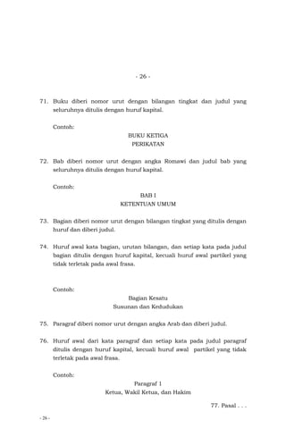 - 26 -
- 26 -
71. Buku diberi nomor urut dengan bilangan tingkat dan judul yang
seluruhnya ditulis dengan huruf kapital.
Contoh:
BUKU KETIGA
PERIKATAN
72. Bab diberi nomor urut dengan angka Romawi dan judul bab yang
seluruhnya ditulis dengan huruf kapital.
Contoh:
BAB I
KETENTUAN UMUM
73. Bagian diberi nomor urut dengan bilangan tingkat yang ditulis dengan
huruf dan diberi judul.
74. Huruf awal kata bagian, urutan bilangan, dan setiap kata pada judul
bagian ditulis dengan huruf kapital, kecuali huruf awal partikel yang
tidak terletak pada awal frasa.
Contoh:
Bagian Kesatu
Susunan dan Kedudukan
75. Paragraf diberi nomor urut dengan angka Arab dan diberi judul.
76. Huruf awal dari kata paragraf dan setiap kata pada judul paragraf
ditulis dengan huruf kapital, kecuali huruf awal partikel yang tidak
terletak pada awal frasa.
Contoh:
Paragraf 1
Ketua, Wakil Ketua, dan Hakim
77. Pasal . . .
 