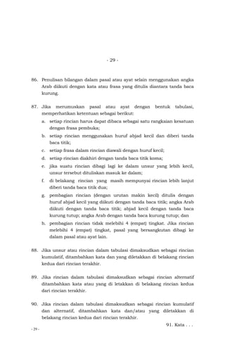 - 29 -
- 29 -
86. Penulisan bilangan dalam pasal atau ayat selain menggunakan angka
Arab diikuti dengan kata atau frasa yang ditulis diantara tanda baca
kurung.
87. Jika merumuskan pasal atau ayat dengan bentuk tabulasi,
memperhatikan ketentuan sebagai berikut:
a. setiap rincian harus dapat dibaca sebagai satu rangkaian kesatuan
dengan frasa pembuka;
b. setiap rincian menggunakan huruf abjad kecil dan diberi tanda
baca titik;
c. setiap frasa dalam rincian diawali dengan huruf kecil;
d. setiap rincian diakhiri dengan tanda baca titik koma;
e. jika suatu rincian dibagi lagi ke dalam unsur yang lebih kecil,
unsur tersebut dituliskan masuk ke dalam;
f. di belakang rincian yang masih mempunyai rincian lebih lanjut
diberi tanda baca titik dua;
g. pembagian rincian (dengan urutan makin kecil) ditulis dengan
huruf abjad kecil yang diikuti dengan tanda baca titik; angka Arab
diikuti dengan tanda baca titik; abjad kecil dengan tanda baca
kurung tutup; angka Arab dengan tanda baca kurung tutup; dan
h. pembagian rincian tidak melebihi 4 (empat) tingkat. Jika rincian
melebihi 4 (empat) tingkat, pasal yang bersangkutan dibagi ke
dalam pasal atau ayat lain.
88. Jika unsur atau rincian dalam tabulasi dimaksudkan sebagai rincian
kumulatif, ditambahkan kata dan yang diletakkan di belakang rincian
kedua dari rincian terakhir.
89. Jika rincian dalam tabulasi dimaksudkan sebagai rincian alternatif
ditambahkan kata atau yang di letakkan di belakang rincian kedua
dari rincian terakhir.
90. Jika rincian dalam tabulasi dimaksudkan sebagai rincian kumulatif
dan alternatif, ditambahkan kata dan/atau yang diletakkan di
belakang rincian kedua dari rincian terakhir.
91. Kata . . .
 