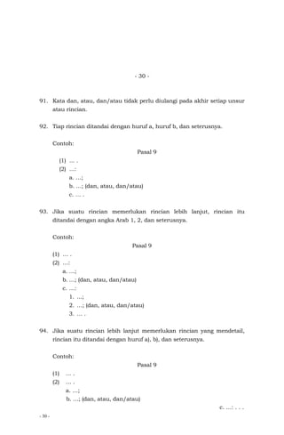 - 30 -
- 30 -
91. Kata dan, atau, dan/atau tidak perlu diulangi pada akhir setiap unsur
atau rincian.
92. Tiap rincian ditandai dengan huruf a, huruf b, dan seterusnya.
Contoh:
Pasal 9
(1) ... .
(2) ...:
a. …;
b. …; (dan, atau, dan/atau)
c. … .
93. Jika suatu rincian memerlukan rincian lebih lanjut, rincian itu
ditandai dengan angka Arab 1, 2, dan seterusnya.
Contoh:
Pasal 9
(1) … .
(2) …:
a. …;
b. …; (dan, atau, dan/atau)
c. …:
1. ...;
2. …; (dan, atau, dan/atau)
3. … .
94. Jika suatu rincian lebih lanjut memerlukan rincian yang mendetail,
rincian itu ditandai dengan huruf a), b), dan seterusnya.
Contoh:
Pasal 9
(1) … .
(2) … .
a. …;
b. …; (dan, atau, dan/atau)
c. ...: . . .
 