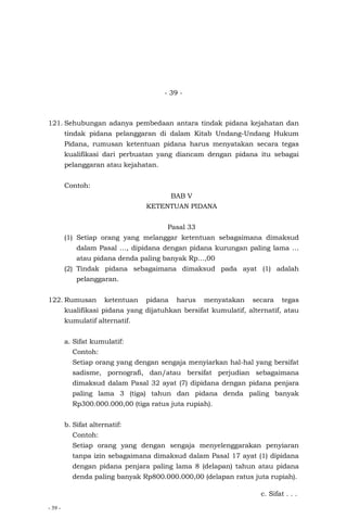 - 39 -
- 39 -
121. Sehubungan adanya pembedaan antara tindak pidana kejahatan dan
tindak pidana pelanggaran di dalam Kitab Undang-Undang Hukum
Pidana, rumusan ketentuan pidana harus menyatakan secara tegas
kualifikasi dari perbuatan yang diancam dengan pidana itu sebagai
pelanggaran atau kejahatan.
Contoh:
BAB V
KETENTUAN PIDANA
Pasal 33
(1) Setiap orang yang melanggar ketentuan sebagaimana dimaksud
dalam Pasal …, dipidana dengan pidana kurungan paling lama …
atau pidana denda paling banyak Rp…,00
(2) Tindak pidana sebagaimana dimaksud pada ayat (1) adalah
pelanggaran.
122. Rumusan ketentuan pidana harus menyatakan secara tegas
kualifikasi pidana yang dijatuhkan bersifat kumulatif, alternatif, atau
kumulatif alternatif.
a. Sifat kumulatif:
Contoh:
Setiap orang yang dengan sengaja menyiarkan hal-hal yang bersifat
sadisme, pornografi, dan/atau bersifat perjudian sebagaimana
dimaksud dalam Pasal 32 ayat (7) dipidana dengan pidana penjara
paling lama 3 (tiga) tahun dan pidana denda paling banyak
Rp300.000.000,00 (tiga ratus juta rupiah).
b. Sifat alternatif:
Contoh:
Setiap orang yang dengan sengaja menyelenggarakan penyiaran
tanpa izin sebagaimana dimaksud dalam Pasal 17 ayat (1) dipidana
dengan pidana penjara paling lama 8 (delapan) tahun atau pidana
denda paling banyak Rp800.000.000,00 (delapan ratus juta rupiah).
c. Sifat . . .
 