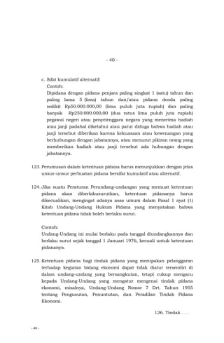 - 40 -
- 40 -
c. Sifat kumulatif alternatif:
Contoh:
Dipidana dengan pidana penjara paling singkat 1 (satu) tahun dan
paling lama 5 (lima) tahun dan/atau pidana denda paling
sedikit Rp50.000.000,00 (lima puluh juta rupiah) dan paling
banyak Rp250.000.000,00 (dua ratus lima puluh juta rupiah)
pegawai negeri atau penyelenggara negara yang menerima hadiah
atau janji padahal diketahui atau patut diduga bahwa hadiah atau
janji tersebut diberikan karena kekuasaan atau kewenangan yang
berhubungan dengan jabatannya, atau menurut pikiran orang yang
memberikan hadiah atau janji tersebut ada hubungan dengan
jabatannya.
123. Perumusan dalam ketentuan pidana harus menunjukkan dengan jelas
unsur-unsur perbuatan pidana bersifat kumulatif atau alternatif.
124. Jika suatu Peraturan Perundang-undangan yang memuat ketentuan
pidana akan diberlakusurutkan, ketentuan pidananya harus
dikecualikan, mengingat adanya asas umum dalam Pasal 1 ayat (1)
Kitab Undang-Undang Hukum Pidana yang menyatakan bahwa
ketentuan pidana tidak boleh berlaku surut.
Contoh:
Undang-Undang ini mulai berlaku pada tanggal diundangkannya dan
berlaku surut sejak tanggal 1 Januari 1976, kecuali untuk ketentuan
pidananya.
125. Ketentuan pidana bagi tindak pidana yang merupakan pelanggaran
terhadap kegiatan bidang ekonomi dapat tidak diatur tersendiri di
dalam undang-undang yang bersangkutan, tetapi cukup mengacu
kepada Undang-Undang yang mengatur mengenai tindak pidana
ekonomi, misalnya, Undang-Undang Nomor 7 Drt. Tahun 1955
tentang Pengusutan, Penuntutan, dan Peradilan Tindak Pidana
Ekonomi.
126. Tindak . . .
 