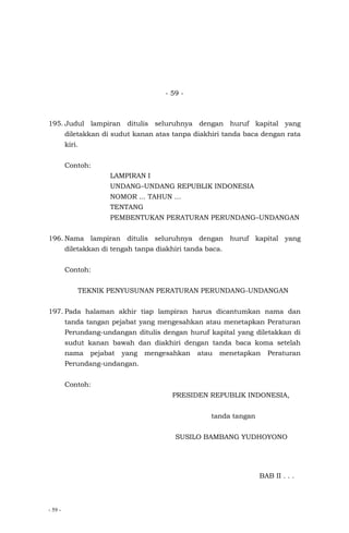 - 59 -
- 59 -
195. Judul lampiran ditulis seluruhnya dengan huruf kapital yang
diletakkan di sudut kanan atas tanpa diakhiri tanda baca dengan rata
kiri.
Contoh:
LAMPIRAN I
UNDANG–UNDANG REPUBLIK INDONESIA
NOMOR ... TAHUN …
TENTANG
PEMBENTUKAN PERATURAN PERUNDANG–UNDANGAN
196. Nama lampiran ditulis seluruhnya dengan huruf kapital yang
diletakkan di tengah tanpa diakhiri tanda baca.
Contoh:
TEKNIK PENYUSUNAN PERATURAN PERUNDANG-UNDANGAN
197. Pada halaman akhir tiap lampiran harus dicantumkan nama dan
tanda tangan pejabat yang mengesahkan atau menetapkan Peraturan
Perundang-undangan ditulis dengan huruf kapital yang diletakkan di
sudut kanan bawah dan diakhiri dengan tanda baca koma setelah
nama pejabat yang mengesahkan atau menetapkan Peraturan
Perundang-undangan.
Contoh:
PRESIDEN REPUBLIK INDONESIA,
tanda tangan
SUSILO BAMBANG YUDHOYONO
BAB II . . .
 