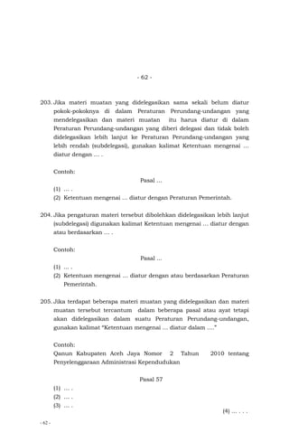 - 62 -
- 62 -
203. Jika materi muatan yang didelegasikan sama sekali belum diatur
pokok-pokoknya di dalam Peraturan Perundang-undangan yang
mendelegasikan dan materi muatan itu harus diatur di dalam
Peraturan Perundang-undangan yang diberi delegasi dan tidak boleh
didelegasikan lebih lanjut ke Peraturan Perundang-undangan yang
lebih rendah (subdelegasi), gunakan kalimat Ketentuan mengenai …
diatur dengan … .
Contoh:
Pasal …
(1) … .
(2) Ketentuan mengenai … diatur dengan Peraturan Pemerintah.
204. Jika pengaturan materi tersebut dibolehkan didelegasikan lebih lanjut
(subdelegasi) digunakan kalimat Ketentuan mengenai … diatur dengan
atau berdasarkan … .
Contoh:
Pasal ...
(1) ... .
(2) Ketentuan mengenai … diatur dengan atau berdasarkan Peraturan
Pemerintah.
205. Jika terdapat beberapa materi muatan yang didelegasikan dan materi
muatan tersebut tercantum dalam beberapa pasal atau ayat tetapi
akan didelegasikan dalam suatu Peraturan Perundang-undangan,
gunakan kalimat “Ketentuan mengenai … diatur dalam ….”
Contoh:
Qanun Kabupaten Aceh Jaya Nomor 2 Tahun 2010 tentang
Penyelenggaraan Administrasi Kependudukan
Pasal 57
(1) … .
(2) … .
(3) … .
(4) ... . . .
 