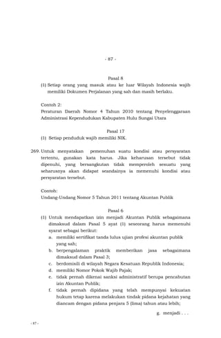 - 87 -
- 87 -
Pasal 8
(1) Setiap orang yang masuk atau ke luar Wilayah Indonesia wajib
memiliki Dokumen Perjalanan yang sah dan masih berlaku.
Contoh 2:
Peraturan Daerah Nomor 4 Tahun 2010 tentang Penyelenggaraan
Administrasi Kependudukan Kabupaten Hulu Sungai Utara
Pasal 17
(1) Setiap penduduk wajib memiliki NIK.
269. Untuk menyatakan pemenuhan suatu kondisi atau persyaratan
tertentu, gunakan kata harus. Jika keharusan tersebut tidak
dipenuhi, yang bersangkutan tidak memperoleh sesuatu yang
seharusnya akan didapat seandainya ia memenuhi kondisi atau
persyaratan tersebut.
Contoh:
Undang-Undang Nomor 5 Tahun 2011 tentang Akuntan Publik
Pasal 6
(1) Untuk mendapatkan izin menjadi Akuntan Publik sebagaimana
dimaksud dalam Pasal 5 ayat (1) seseorang harus memenuhi
syarat sebagai berikut:
a. memiliki sertifikat tanda lulus ujian profesi akuntan publik
yang sah;
b. berpengalaman praktik memberikan jasa sebagaimana
dimaksud dalam Pasal 3;
c. berdomisili di wilayah Negara Kesatuan Republik Indonesia;
d. memiliki Nomor Pokok Wajib Pajak;
e. tidak pernah dikenai sanksi administratif berupa pencabutan
izin Akuntan Publik;
f. tidak pernah dipidana yang telah mempunyai kekuatan
hukum tetap karena melakukan tindak pidana kejahatan yang
diancam dengan pidana penjara 5 (lima) tahun atau lebih;
g. menjadi . . .
 