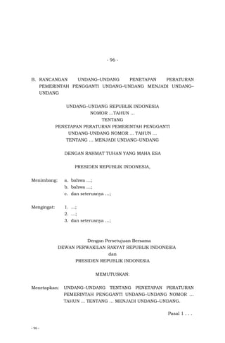 - 96 -
- 96 -
B. RANCANGAN UNDANG–UNDANG PENETAPAN PERATURAN
PEMERINTAH PENGGANTI UNDANG–UNDANG MENJADI UNDANG–
UNDANG
UNDANG–UNDANG REPUBLIK INDONESIA
NOMOR …TAHUN …
TENTANG
PENETAPAN PERATURAN PEMERINTAH PENGGANTI
UNDANG-UNDANG NOMOR … TAHUN …
TENTANG … MENJADI UNDANG–UNDANG
DENGAN RAHMAT TUHAN YANG MAHA ESA
PRESIDEN REPUBLIK INDONESIA,
Menimbang: a. bahwa …;
b. bahwa …;
c. dan seterusnya …;
Mengingat: 1. ...;
2. …;
3. dan seterusnya …;
Dengan Persetujuan Bersama
DEWAN PERWAKILAN RAKYAT REPUBLIK INDONESIA
dan
PRESIDEN REPUBLIK INDONESIA
MEMUTUSKAN:
Menetapkan: UNDANG–UNDANG TENTANG PENETAPAN PERATURAN
PEMERINTAH PENGGANTI UNDANG–UNDANG NOMOR …
TAHUN ... TENTANG … MENJADI UNDANG–UNDANG.
Pasal 1 . . .
 