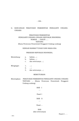 - 106 -
- 106 -
G. RANCANGAN PERATURAN PEMERINTAH PENGGANTI UNDANG-
UNDANG
PERATURAN PEMERINTAH
PENGGANTI UNDANG-UNDANG REPUBLIK INDONESIA
NOMOR …. TAHUN …..
TENTANG
(Nama Peraturan Pemerintah Pengganti Undang-undang)
DENGAN RAHMAT TUHAN YANG MAHA ESA
PRESIDEN REPUBLIK INDONESIA,
Menimbang: a. bahwa …;
b. bahwa …;
c. dan seterusnya …;
Mengingat: 1. …;
2. …;
3. dan seterusnya …;
MEMUTUSKAN:
Menetapkan: PERATURAN PEMERINTAH PENGGANTI UNDANG-UNDANG
TENTANG … (Nama Peraturan Pemerintah Pengganti
Undang-undang).
BAB I
…
Pasal 1
BAB II
...
Pasal …
BAB
(dan seterusnya)
Pasal 2 . . .
 