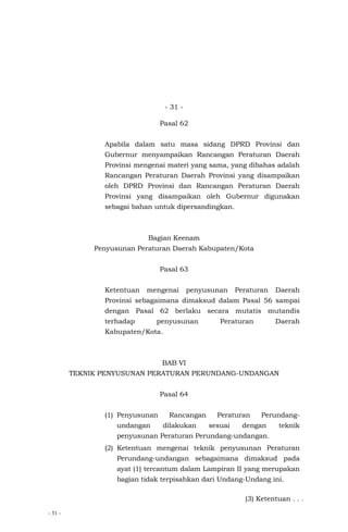 - 31 -
- 31 -
Pasal 62
Apabila dalam satu masa sidang DPRD Provinsi dan
Gubernur menyampaikan Rancangan Peraturan Daerah
Provinsi mengenai materi yang sama, yang dibahas adalah
Rancangan Peraturan Daerah Provinsi yang disampaikan
oleh DPRD Provinsi dan Rancangan Peraturan Daerah
Provinsi yang disampaikan oleh Gubernur digunakan
sebagai bahan untuk dipersandingkan.
Bagian Keenam
Penyusunan Peraturan Daerah Kabupaten/Kota
Pasal 63
Ketentuan mengenai penyusunan Peraturan Daerah
Provinsi sebagaimana dimaksud dalam Pasal 56 sampai
dengan Pasal 62 berlaku secara mutatis mutandis
terhadap penyusunan Peraturan Daerah
Kabupaten/Kota.
BAB VI
TEKNIK PENYUSUNAN PERATURAN PERUNDANG-UNDANGAN
Pasal 64
(1) Penyusunan Rancangan Peraturan Perundang-
undangan dilakukan sesuai dengan teknik
penyusunan Peraturan Perundang-undangan.
(2) Ketentuan mengenai teknik penyusunan Peraturan
Perundang-undangan sebagaimana dimaksud pada
ayat (1) tercantum dalam Lampiran II yang merupakan
bagian tidak terpisahkan dari Undang-Undang ini.
(3) Ketentuan . . .
 