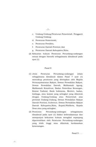 - 7 -
- 7 -
c. Undang-Undang/Peraturan Pemerintah Pengganti
Undang-Undang;
d. Peraturan Pemerintah;
e. Peraturan Presiden;
f. Peraturan Daerah Provinsi; dan
g. Peraturan Daerah Kabupaten/Kota.
(2) Kekuatan hukum Peraturan Perundang-undangan
sesuai dengan hierarki sebagaimana dimaksud pada
ayat (1).
Pasal 8
(1) Jenis Peraturan Perundang-undangan selain
sebagaimana dimaksud dalam Pasal 7 ayat (1)
mencakup peraturan yang ditetapkan oleh Majelis
Permusyawaratan Rakyat, Dewan Perwakilan Rakyat,
Dewan Perwakilan Daerah, Mahkamah Agung,
Mahkamah Konstitusi, Badan Pemeriksa Keuangan,
Komisi Yudisial, Bank Indonesia, Menteri, badan,
lembaga, atau komisi yang setingkat yang dibentuk
dengan Undang-Undang atau Pemerintah atas
perintah Undang-Undang, Dewan Perwakilan Rakyat
Daerah Provinsi, Gubernur, Dewan Perwakilan Rakyat
Daerah Kabupaten/Kota, Bupati/Walikota, Kepala
Desa atau yang setingkat.
(2) Peraturan Perundang-undangan sebagaimana
dimaksud pada ayat (1) diakui keberadaannya dan
mempunyai kekuatan hukum mengikat sepanjang
diperintahkan oleh Peraturan Perundang-undangan
yang lebih tinggi atau dibentuk berdasarkan
kewenangan.
Pasal 9 . . .
 