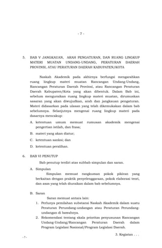- 7 -
- 7 -
5. BAB V JANGKAUAN, ARAH PENGATURAN, DAN RUANG LINGKUP
MATERI MUATAN UNDANG-UNDANG, PERATURAN DAERAH
PROVINSI, ATAU PERATURAN DAERAH KABUPATEN/KOTA
Naskah Akademik pada akhirnya berfungsi mengarahkan
ruang lingkup materi muatan Rancangan Undang-Undang,
Rancangan Peraturan Daerah Provinsi, atau Rancangan Peraturan
Daerah Kabupaten/Kota yang akan dibentuk. Dalam Bab ini,
sebelum menguraikan ruang lingkup materi muatan, dirumuskan
sasaran yang akan diwujudkan, arah dan jangkauan pengaturan.
Materi didasarkan pada ulasan yang telah dikemukakan dalam bab
sebelumnya. Selanjutnya mengenai ruang lingkup materi pada
dasarnya mencakup:
A. ketentuan umum memuat rumusan akademik mengenai
pengertian istilah, dan frasa;
B. materi yang akan diatur;
C. ketentuan sanksi; dan
D. ketentuan peralihan.
6. BAB VI PENUTUP
Bab penutup terdiri atas subbab simpulan dan saran.
A. Simpulan
Simpulan memuat rangkuman pokok pikiran yang
berkaitan dengan praktik penyelenggaraan, pokok elaborasi teori,
dan asas yang telah diuraikan dalam bab sebelumnya.
B. Saran
Saran memuat antara lain:
1. Perlunya pemilahan substansi Naskah Akademik dalam suatu
Peraturan Perundang-undangan atau Peraturan Perundang-
undangan di bawahnya.
2. Rekomendasi tentang skala prioritas penyusunan Rancangan
Undang-Undang/Rancangan Peraturan Daerah dalam
Program Legislasi Nasional/Program Legislasi Daerah.
3. Kegiatan . . .
 