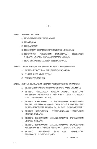 - 2 -
- 2 -
BAB II HAL–HAL KHUSUS
A. PENDELEGASIAN KEWENANGAN
B. PENYIDIKAN
C. PENCABUTAN
D. PERUBAHAN PERATURAN PERUNDANG–UNDANGAN
E. PENETAPAN PERATURAN PEMERINTAH PENGGANTI
UNDANG–UNDANG MENJADI UNDANG–UNDANG
F. PENGESAHAN PERJANJIAN INTERNASIONAL
BAB III RAGAM BAHASA PERATURAN PERUNDANG–UNDANGAN
A. BAHASA PERATURAN PERUNDANG–UNDANGAN
B. PILIHAN KATA ATAU ISTILAH
C. TEKNIK PENGACUAN
BAB IV BENTUK RANCANGAN PERATURAN PERUNDANG-UNDANGAN
A. BENTUK RANCANGAN UNDANG-UNDANG PADA UMUMNYA
B. BENTUK RANCANGAN UNDANG–UNDANG PENETAPAN
PERATURAN PEMERINTAH PENGGANTI UNDANG-UNDANG
MENJADI UNDANG–UNDANG
C. BENTUK RANCANGAN UNDANG–UNDANG PENGESAHAN
PERJANJIAN INTERNASIONAL YANG TIDAK MENGGUNAKAN
BAHASA INDONESIA SEBAGAI SALAH SATU BAHASA RESMI
D. BENTUK RANCANGAN UNDANG–UNDANG PERUBAHAN
UNDANG–UNDANG
E. BENTUK RANCANGAN UNDANG–UNDANG PENCABUTAN
UNDANG–UNDANG
F. BENTUK RANCANGAN UNDANG–UNDANG PENCABUTAN
PERATURAN PEMERINTAH PENGGANTI UNDANG–UNDANG
G. BENTUK RANCANGAN PERATURAN PEMERINTAH
PENGGANTI UNDANG-UNDANG
H. BENTUK . . .
 
