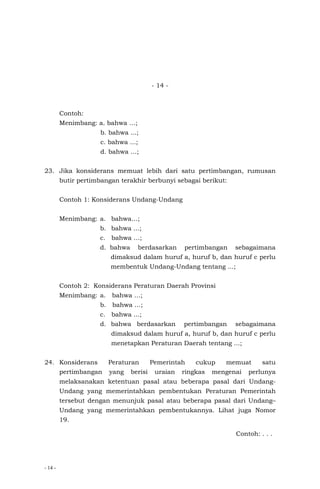 - 14 -
- 14 -
Contoh:
Menimbang: a. bahwa …;
b. bahwa ...;
c. bahwa ...;
d. bahwa …;
23. Jika konsiderans memuat lebih dari satu pertimbangan, rumusan
butir pertimbangan terakhir berbunyi sebagai berikut:
Contoh 1: Konsiderans Undang-Undang
Menimbang: a. bahwa…;
b. bahwa ...;
c. bahwa …;
d. bahwa berdasarkan pertimbangan sebagaimana
dimaksud dalam huruf a, huruf b, dan huruf c perlu
membentuk Undang-Undang tentang ...;
Contoh 2: Konsiderans Peraturan Daerah Provinsi
Menimbang: a. bahwa …;
b. bahwa …;
c. bahwa ...;
d. bahwa berdasarkan pertimbangan sebagaimana
dimaksud dalam huruf a, huruf b, dan huruf c perlu
menetapkan Peraturan Daerah tentang ...;
24. Konsiderans Peraturan Pemerintah cukup memuat satu
pertimbangan yang berisi uraian ringkas mengenai perlunya
melaksanakan ketentuan pasal atau beberapa pasal dari Undang-
Undang yang memerintahkan pembentukan Peraturan Pemerintah
tersebut dengan menunjuk pasal atau beberapa pasal dari Undang–
Undang yang memerintahkan pembentukannya. Lihat juga Nomor
19.
Contoh: . . .
 