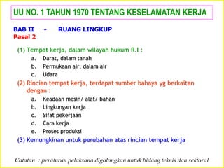 (1) Tempat kerja, dalam wilayah hukum R.I :
a. Darat, dalam tanah
b. Permukaan air, dalam air
c. Udara
(2) Rincian tempat kerja, terdapat sumber bahaya yg berkaitan
dengan :
a. Keadaan mesin/ alat/ bahan
b. Lingkungan kerja
c. Sifat pekerjaan
d. Cara kerja
e. Proses produksi
(3) Kemungkinan untuk perubahan atas rincian tempat kerja
UU NO. 1 TAHUN 1970 TENTANG KESELAMATAN KERJA
BAB II - RUANG LINGKUP
Pasal 2
Catatan : peraturan pelaksana digolongkan untuk bidang teknis dan sektoral
 