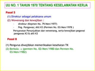 (1) Direktur sebagai pelaksana umum
(2) Wewenang dan kewajiban :
– direktur (Kepmen No. 79/Men/1977)
– Peg. Pengawas; Ahli K3 (Permen No. 03/Men/1978 )
Persyaratan Penunjukkan dan wewenang, serta kewajiban pegawai
pengawas K3 & ahli K3
UU NO. 1 TAHUN 1970 TENTANG KESELAMATAN KERJA
Pasal 5
Pasal 8
(1) Pengurus diwajibkan memeriksakan kesehatan TK
(2) Berkala  (permen No. 02/Men/1980 dan Permen No.
03/Men/1982)
 
