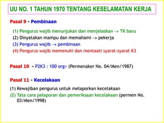(1) Pengurus wajib menunjukan dan menjelaskan  TK baru
(2) Dinyatakan mampu dan memahami  pekerja
(3) Pengurus wajib  pembinaan
(4) Pengurus wajib memenuhi dan mentaati syarat-syarat K3
UU NO. 1 TAHUN 1970 TENTANG KESELAMATAN KERJA
Pasal 9 - Pembinaan
Pasal 10 - P2K3 : 100 org> (Permenaker No. 04/Men/1987)
Pasal 11 - Kecelakaan
(1) Kewajiban pengurus untuk melaporkan kecelakaan
(2) Tata cara pelaporan dan pemeriksaan kecelakaan (permen No.
03/Men/1998)
 