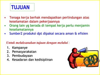 • Tenaga kerja berhak mendapatkan perlindungan atas
keselamatan dalam pekerjaannya
• Orang lain yg berada di tempat kerja perlu menjamin
keselamatannya
• Sumber2 produksi dpt dipakai secara aman & efisien
TUJUAN
1. Kampanye
2. Pemasyarakatan
3. Pembudayaan
4. Kesadaran dan kedisiplinan
Untuk melaksanakan tujuan dengan melalui :
 