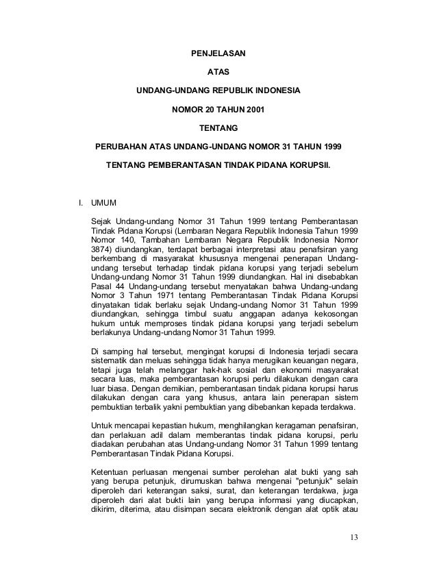 Uu No 20 Tahun 2001 Ttg Pemberantasan Tipikor