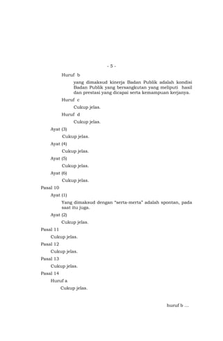 - 5 -
Huruf b
yang dimaksud kinerja Badan Publik adalah kondisi
Badan Publik yang bersangkutan yang meliputi hasil
dan prestasi yang dicapai serta kemampuan kerjanya.
Huruf c
Cukup jelas.
Huruf d
Cukup jelas.
Ayat (3)
Cukup jelas.
Ayat (4)
Cukup jelas.
Ayat (5)
Cukup jelas.
Ayat (6)
Cukup jelas.
Pasal 10
Ayat (1)
Yang dimaksud dengan “serta-merta” adalah spontan, pada
saat itu juga.
Ayat (2)
Cukup jelas.
Pasal 11
Cukup jelas.
Pasal 12
Cukup jelas.
Pasal 13
Cukup jelas.
Pasal 14
Huruf a
Cukup jelas.
huruf b …
 
