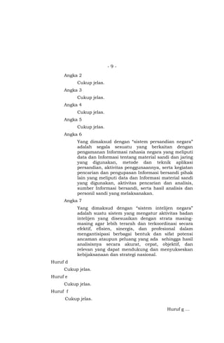 - 9 -
Angka 2
Cukup jelas.
Angka 3
Cukup jelas.
Angka 4
Cukup jelas.
Angka 5
Cukup jelas.
Angka 6
Yang dimaksud dengan “sistem persandian negara”
adalah segala sesuatu yang berkaitan dengan
pengamanan Informasi rahasia negara yang meliputi
data dan Informasi tentang material sandi dan jaring
yang digunakan, metode dan teknik aplikasi
persandian, aktivitas penggunaannya, serta kegiatan
pencarian dan pengupasan Informasi bersandi pihak
lain yang meliputi data dan Informasi material sandi
yang digunakan, aktivitas pencarian dan analisis,
sumber Informasi bersandi, serta hasil analisis dan
personil sandi yang melaksanakan.
Angka 7
Yang dimaksud dengan “sistem intelijen negara”
adalah suatu sistem yang mengatur aktivitas badan
intelijen yang disesuaikan dengan strata masing-
masing agar lebih terarah dan terkoordinasi secara
efektif, efisien, sinergis, dan profesional dalam
mengantisipasi berbagai bentuk dan sifat potensi
ancaman ataupun peluang yang ada sehingga hasil
analisisnya secara akurat, cepat, objektif, dan
relevan yang dapat mendukung dan menyukseskan
kebijaksanaan dan strategi nasional.
Huruf d
Cukup jelas.
Huruf e
Cukup jelas.
Huruf f
Cukup jelas.
Huruf g …
 