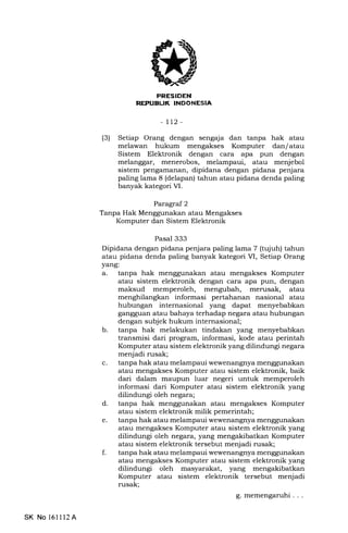 REPUBIJK INDONESTA
-tt2-
(3) Setiap Orang dengan sengaja dan tanpa hak atau
melawan hukum mengakses Komputer dan/atau
Sistem Elektronik dengan cara apa pun dengan
melanggar, menerobos, melampaui, atau menjebol
sistem pengamanan, dipidana dengan pidana penjara
paling lama 8 (delapan) tahun atau pidana denda paling
banyak kategori VI.
Paragrad2
Tanpa Hak Menggunakan atau Mengakses
Komputer dan Sistem Elektronik
Pasal 333
Dipidana dengan pidana penjara paling lama 7 (tqjuh) tahun
atau pidana denda paling banyak kategori VI, Setiap Orang
yang:
a. tanpa hak menggunakan atau mengakses Komputer
atau sistem elektronik dengan cara apa pun, dengan
maksud memperoleh, mengubah, merusak, atau
menghilangkan informasi pertahanan nasional atau
hubungan internasional yang dapat menyebabkan
gangguan atau bahaya terhadap negara atau hubungan
dengan subjek hukum internasional;
b. tanpa hak melakukan tindakan yang menyebabkan
transmisi dari program, informasi, kode atau perintah
Komputer atau sistem elektronik yang dilindungi negara
menjadi rusak;
c. tanpa hak atau melampaui wewenangnya menggunakan
atau mengakses Komputer atau sistem elektronik, baik
dari dalam maupun luar negeri untuk memperoleh
informasi dari Komputer atau sistem elektronik yang
dilindungi oleh negara;
d. tanpa hak menggunakan atau mengakses Komputer
atau sistem elektronik milik pemerintah;
e. tanpa hak atau melampaui wewenangnya menggunakan
atau mengakses Komputer atau sistem elektronik yang
dilindungi oleh negara, yang mengakibatkan Komputer
atau sistem elektronik tersebut menjadi rusak;
f. tanpa hak atau melampaui wewenangnya menggunakan
atau mengakses Komputer atau sistem elektronik yang
dilindungi oleh masyarakat, yang mengakibatkan
Komputer atau sistem elektronik tersebut menjadi
rusak;
g. memengaruhi . . .
SK No 16ll12A
 
