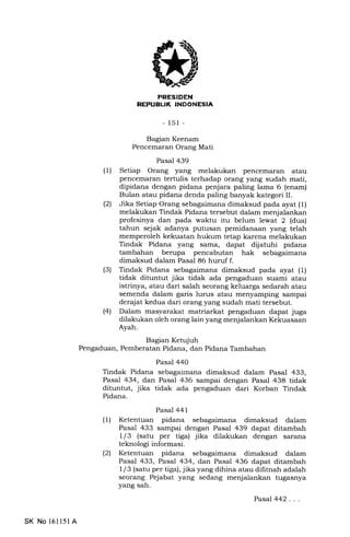 I:Iil rtr{I.f aN
[1lr 'rI.Ir|.ITiIrrrNFFIA
-151 -
Bagran Keenam
Pencemaran Orang Mati
Pasal 439
(1) Setiap Orang yang melakukan pencemaran atau
pencemaran tertulis terhadap orang yang sudah mati,
dipidana dengan pidana penjara paling lama 6 (enam)
Bulan atau pidana denda paling banyak kategori II.
(2) Jika Setiap Orang sebagaimana dimaksud pada ayat (1)
melakukan Tindak Pidana tersebut dalam menjalankan
profesinya dan pada waktu itu belum lewat 2 (dua)
tahun sejak adanya putusan pemidanaan yang telah
memperoleh kekuatan hukum tetap karena melakukan
Tindak Pidana yang sama, dapat dijatuhi pidana
tambahan berupa pencabutan hak sebagaimana
dimaksud dalam Pasal 86 huruf f.
(3) Tindak Pidana sebagaimana dimaksud pada ayat (1)
tidak dituntut jika tidak ada pengaduan suami atau
istrinya, atau dari salah seorang keluarga sedarah atau
semenda dalam garis lurus atau menyamping sampai
derajat kedua dari orang yang sudah mati tersebut.
(41 Dalam masyarakat matriarkat pengaduan dapat juga
dilakukan oleh orang lain yang menjalankan Kekuasaan
Ayah.
Bagian Ketujuh
Pengaduan, Pemberatan Pidana, dan Pidana Tambahan
Pasal 440
Tindak Pidana sebagairnana dimaksud dalam Pasal 433,
Pasal 434, dan Pasal 436 sampai dengan Pasal 438 tidak
dituntut, jika tidak ada pengaduan dari Korban Tindak
Pidana.
Pasal 441
(1) Ketentuan pidana sebagaimana dimaksud dalam
Pasal 433 sampai dengan Pasal 439 dapat ditambah
1/3 (satu per tiga) jika dilakukan dengan sarana
teknologi informasi.
(2) Ketentuan pidana sebagaimana dimaksud dalam
Pasal 433, Pasal 434, dan Pasal 436 dapat ditambah
I /3 (satu per tiga), jika yang dihina atau difitnah adalah
seorang Pejabat yang sedang menjalankan tugasnya
yang sah.
PasaJ442.. .
SK No 16ll5l A
 