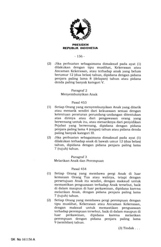 i.lTI;FTIiI-dII
I rFrrT: Iltfif NL[atIEtrIItr
-156-
(21 Jika perbuatan sebagaimana dimaksud pada ayat (1)
dilakukan dengan tipu muslihat, Kekerasan atau
Ancaman Kekerasan, atau terhadap anak yang belum
berumur 12 (dua belas) tahun, dipidana dengan pidana
penjara paling lama 8 (delapan) tahun atau pidana
denda paling banyak kategori V.
Paragraf 2
Menyembunyikan Anak
Pasal 453
(l) Setiap Orang yang menyembunyikan Anak yang ditarik
atau menarik sendiri dari kekuasaan sesuai dengan
ketentuan peraturan perundang-undangan ditentukan
atas dirinya atau dari pengawasan orang yang
berwenang untuk itu, atau menariknya dari penyidikan
Pejabat yang berwenang, dipidana dengan pidana
penjara paling lama 4 (empat) tahun atau pidana denda
paling banyak kategori III.
(21 Jika perbuatan sebagaimana dimaksud pada ayat (1)
dilakukan terhadap anak di bawah umur 12 (dua belas)
tahun, dipidana dengan pidana penjara paling lama
7 (tqluh) tahun.
Paragraf 3
Melarikan Anak dan Perempuan
Pasal 454
(1) Setiap Orang yang membawa pergi Anak di luar
kemauan Orang T.ra atau walinya, tetapi dengan
persetql'uan Anak itu sendiri, dengan maksud untuk
memastikan penguasaan terhadap Anak tersebut, baik
di dalam maupun di luar perkawinan, dipidana karena
melarikan Anak, dengan pidana penjara paling lama
7 (tqiuh) tahun.
(21 Setiap Orang yang membawa pergi perempuan dengan
tipu muslihat, Kekerasan atau Ancaman Kekerasan,
dengan maksud untuk memastikan penguasaan
terhadap perempuan tersebut, baik di dalam maupun di
luar perkawinan, dipidana karena melarikan
perempuan dengan pidana penjara paling lama
9 (sembilan) tahun.
(3) Tindak...
SK No 161156A
 