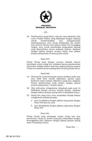 EiltrEILItrEENtrEIn
-159-
(3) Pembunuhan yang diikuti, disertai, atau didahului oleh
suatu Tindak Pidana yang dilakukan dengan maksud
untuk mempersiapkan atau mempermudah
pelaksanaannya, atau untuk melepaskan diri sendiri
atau peserta lainnya dari pidana dalam hal tertangkap
tangan, atau untuk memastikan penguasaan Barang
yang diperolehnya secara melawan hukum, dipidana
dengan pidana penjara seumur hidup atau pidana
penjara paling lama 20 (dua puluh) tahun.
Pasal 459
Setiap Orang yang dengan rencana terlebih dahulu
merampas nyawa orang lain, dipidana karena pembunuhan
berencana, dengan pidana mati atau pidana penjara seumur
hidup atau pidana penjara paling lama 2O (dua puluh) tahun.
Pasal 460
(1) Seorang ibu yang merampas nyawa anaknya pada saat
atau tidak lama setelah dilahirkan, karena takut
kelahiran anak tersebut diketahui orang lain, dipidana
karena pembunuhan anak sendiri, dengan pidana
penjara paling lama 7 (tqluh) tahun.
(21 Jika perbuatan sebagaimana dimaksud pada ayat (1)
dilakukan dengan rencana terlebih dahulu, dipidana
dengan pidana penjara paling lama 9 (sembilan) tahun.
(3) Orang lain yang turut serta melakukan Tindak Pidana
sebagaimana dimaksud pada:
a. ayat (1) dipidana dengan pidana yang sama dengan
Pasal 458 ayat (1); atau
b. ayat (2) dipidana dengan pidana yang sama dengan
Pasal 459.
Pasal 461
Setiap Orang yang merampas nyawa orang lain atas
permintaan orang itu sendiri yang jelas dinyatakan dengan
kesungguhan hati, dipidana dengan pidana penjara paling
lama 9 (sembilan) tahun.
PasaJ462...
SK No 16ll59A
 