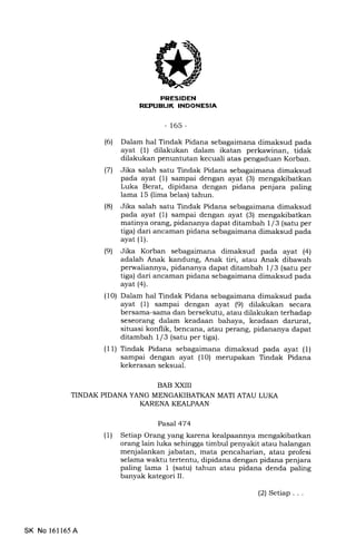 REPTIEUK INDONESIA
- 165-
(6) Dalam hal Tindak Pidana sebagaimana dimaksud pada
ayat (l) dilakukan dalam ikatan perkawinan, tidak
dilakukan penuntutan kecuali atas pengaduan Korban.
l7l Jika salah satu Tindak Pidana sebagaimana dimaksud
pada ayat (1) sampai dengan ayat (3) mengakibatkan
Luka Berat, dipidana dengan pidana penjara paling
lama 15 (lima belas) tahun.
(8) Jika salah satu Tindak Pidana sebagaimana dimaksud
pada ayat (1) sampai dengan ayat (3) mengakibatkan
matinya orang, pidananya dapat ditambah 1/3 (satu per
tiga) dari ancaman pidana sebagaimana dimaksud pada
ayat (1).
(9) Jika Korban sebagaimana dimaksud pada ayat (4)
adalah Anak kandung, Anak tiri, atau Anak dibawah
perwaliannya, pidananya dapat ditamb ah I I 3 (satu per
tiga) dari ancannan pidana sebagaimana dimalsud pada
ayat (41.
(10) Dalam hal Tindak Pidana sebagaimana dimaksud pada
ayat (1) sampai dengan ayat (9) dilakukan secara
bersama-sama dan bersekutu, atau dilakukan terhadap
seseorang dalam keadaan bahaya, keadaan darurat,
situasi konflik, bencana, atau perang, pidananya dapat
ditambah 1/3 (satu per tiga).
(11) Tindak Pidana sebagaimana dimaksud pada ayat (1)
sampai dengan ayat (10) merupakan Tindak Pidana
kekerasan seksual.
BAB XXIII
TINDAK PIDANA YANG MENGAKIBATKAN MATI ATAU LUKA
KARENA KEALPAAN
Pasal 474
(1) Setiap Orang yang karena kealpaannya
orang lain luka sehingga timbul penyakit atau halangan
menjalankan jabatan, mata pencaharian, atau profesi
selama waktu tertentu, dipidana dengan pidana penjara
paling lama 1 (satu) tahun atau pidana denda paling
banyak kategori II.
SK No 16l165A
(2) Setiap. . .
 