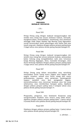 REPUBUK INDONESIA
-t76-
Pasal 505
Setiap Orang yang dengan maksud menguntungkan diri
sendiri atau orang lain secara melawan hukum, merusak,
menghancurkan, memindahkan, membuang, atau membuat
sehingga tidak dapat dipakai lagi Barang yang digunakan
untuk menentukan batas pekarangan atau batas hak atas
tanah yang sah, dipidana dengan pidana penjara paling lama
3 (tiga) tahun atau pidana denda paling banyak kategori IV.
Pasal 506
Setiap Orang yang dengan maksud mengr:ntungkan diri
sendiri atau or€rng lain secara melawan hukum, menyiarkan
kabar bohong yang mengakibatkan naik atau turunnya
harga Barang dagangan, dana, transaksi keuangan, atau
Surat berharga dipidana dengan pidana penjara paling lama
3 (tiga) tahun atau pidana denda paling banyak kategori IV.
Pasal 507
Setiap Orang yang dalam menjualkan atau menolong
menjualkan Surat utang suatu negara atau bagian dari
negara tersebut, saham atau Surat utang dari suatu
perkumpulan, yayasan, atau perseroan,
supaya membeli atau ikut mengambil bagian,
menyembunyikan atau menutupi keadaan atau hal yang
sebenarnya, atau memberikan harapan palsu, dipidana
dengan pidana penjara paling lama 4 (empat) tahun atau
pidana denda paling banyak kategori V.
Pasal 508
Pengusaha, pengurus, atau komisaris Korporasi yang
mengumumkan keadaan atau neraca yang tidak benar,
dipidana dengan pidana penjara paling lama 1 (satu) tahun
6 (enam) Bulan atau pidana denda paling banyak kategori III.
Pasal 5O9
Dipidana dengan pidana penjara paling lama 1 (satu) tahun
atau pidana denda paling banyak kategori III:
a. advokat . . .
SK No 16l176A
 