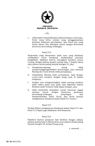 c
PRESIDEN
REPUBUK INDONESIA
-t7a-
tidak dapat memperlihatkan dalam keadaan utuh buku,
Surat yang berisi catatan yang menggambarkan
keadaan kekayaan perusahaan, dan Surat lain yang
harus dibuat dan disimpan sesuai dengan ketentuan
peraturan perundang-undangan.
Pasal 512
Pengusaha yang dinyatakan pailit atau yang diizinkan
melepaskan harta bendanya berdasarkan putusan
pengadilan, dipidana karena merugikan kreditur secara
curang, dengan pidana penjara paling lama 7 (tujuh) tahun
atau pidana denda paling banyak kategori VI, jika:
a. mengarang-ngarang utang, tidak
mempertanggungjawabkan keuntungan, atau menarik
Barang dari harta benda milik perusahaan;
b. melepaskan Barang milik perusahaan, baik dengan
cuma-cuma maupun dengan harga jauh di bawah
harganya;
c. dengan cara menguntungkan salah seorang kreditur
pada waktu pailit atau pada saat diketahui bahwa
keadaan pailit tersebut tidak dapat dicegah; atau
d. tidak memenuhi kewajiban untuk mencatat segala
sesuatu sesuai dengan ketentuan peraturan
perundang-undangan, menyimpan dan
memperlihatkan buku, Surat, dan Surat lainnya
sebagaimana dimaksud dalam Pasal 511 huruf c.
Pasal 513
Tindak Pidana sebagaimana dimaksud dalam Pasal 511 dan
Pasal 512 dapat juga dilakukan oleh Korporasi.
Pasal 514
Dipidana karena penipuan hak kreditur dengan pidana
penjara paling lama 5 (lima) tahun atau pidana denda paling
banyak kategori VI, Setiap Orang yang:
a.menarik...
SK No 16ll78A
 