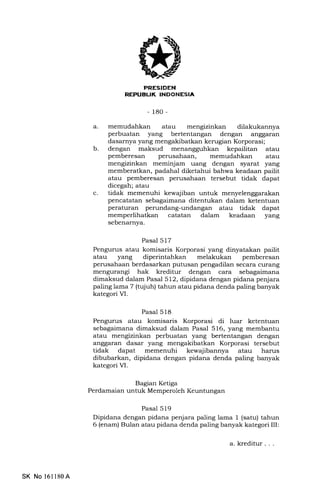 7I
- 180-
a. memudahkan atau mengizinkan dilakukannya
perbuatan yang bertentangan dengan anggaran
dasarnya yang mengakibatkan kerugian Korporasi;
b. dengan maksud menangguhkan kepailitan atau
pemberesan perusahaan, memudahkan atau
mengizinkan meminjam uang dengan syarat yang
memberatkan, padahal diketahui bahwa keadaan pailit
atau pemberesan perusahaan tersebut tidak dapat
dicegah; atau
tidak memenuhi kewajiban untuk
pencatatan sebagaimana ditentukan dalam ketentuan
peraturan perundang-undangan atau tidak dapat
memperlihatkan catatan dalam keadaan yang
sebenarnya.
Pasal 517
Pengurus atau komisaris Korporasi yang dinyatakan pailit
atau yang diperintahkan melakukan pemberesan
perusahaan berdasarkan putusan pengadilan secara curang
mengurangi hak kreditur dengan cara sebagaimana
dimalsud dalam Pasal 512, dipidana dengan pidana penjara
paling lama 7 (tujuh) tahun atau pidana denda paling banyak
kategori VI.
Pasal 518
Pengurus atau komisaris Korporasi di luar ketentuan
sebagaimana dimaksud dalam Pasal 516, yang membantu
atau mengizinkan perbuatan yang bertentangan dengan
anggaran dasar yang mengakibatkan Korporasi tersebut
tidak dapat memenuhi kewajibannya atau harus
dibubarkan, dipidana dengan pidana denda paling banyak
kategori VI.
Bagian Ketiga
Perdamaian untuk Memperoleh Keuntungan
Pasal 5 19
Dipidana dengan pidana penjara paling lama 1 (satu) tahun
6 (enam) Bulan atau pidana denda paling banyak kategori III:
c
SK No 16ll80A
a.kreditur...
 