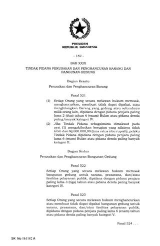 PRESIDEN
REFUBUK INDONESIA
-ta2-
BAB XXIX
TINDAK PIDANA PERUSAKAN DAN PENGHANCURAN BARANG DAN
BANGUNAN GEDUNG
Bagran Kesatu
Perusakan dan Penghancuran Barang
Pasal 521
(1) Setiap Orang yang secara melawan hukum merusak,
menghancurkan, membuat tidak dapat dipakai, atau
menghilangkan Barang yang gedung atau seluruhnya
milik orang lain, dipidana dengan pidana penjara paling
lama 2 (dua) tahun 6 (enam) Bulan atau pidana denda
paling banyak kategori IV.
(2) Jika Tindak Pidana sebagaimana dimaksud pada
ayat (1) mengakibatkan kerugian yang nilainya tidak
lebih dari Rp500.000,00 (lima ratus ribu rupiah), pelaku
Tindak Pidana dipidana dengan pidana penjara paling
lama 6 (enam) Bulan atau pidana denda paling banyak
kategori II.
Bagian Kedua
Perusakan dan Penghancuran Bangunan Gedung
Pasal 522
Setiap Orang yang secara melawan hukum merusak
bangunan gedung untuk sarana, prasarana, dan/atau
fasilitas pelayanan publik, dipidana dengan pidana penjara
paling lama 3 (tiga) tahun atau pidana denda pa-ling banyak
kategori IV.
Pasal 523
Setiap Orang yang secara melawan hukum
atau membuat tidak dapat dipakai bangunan gedung untuk
sarana, prasarana, dan/atau fasilitas pelayanan publik,
dipidana dengan pidana penjara paling lama 6 (enam) tahun
atau pidana denda paling banyak kategori V.
SK No 16ll82A
Pasal 524...
 
