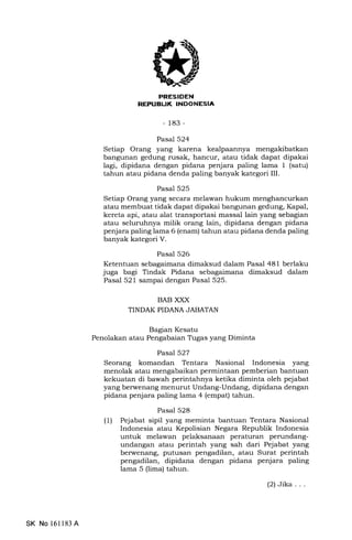 Et--l,FTf.I{Il
BLIK TNDONESIA
-183-
Pasal 524
Setiap Orang yang karena kealpaannya mengakibatkan
bangunan gedung rusak, hancur, atau tidak dapat dipakai
lagi, dipidana dengan pidana penjara paling lama 1 (satu)
tahun atau pidana denda paling banyak kategori III.
Pasal 525
Setiap Orang yang secara melawan hukum
atau membuat tidak dapat dipakai bangunan gedung, Kapal,
kereta api, atau alat transportasi massal lain yang sebagian
atau seluruhnya milik orang lain, dipidana dengan pidana
penjara paling lama 6 (enam) tahun atau pidana denda paling
banyak kategori V.
Pasal 526
Ketentuan sebagaimana dimaksud dalam Pasal 481 berlaku
juga bagi Tindak Pidana sebagaimana dimaksud dalam
Pasal 521 sampai dengan Pasal 525.
BAB XXX
TINDAK PIDANA JABATAN
Bagran Kesatu
Penolakan atau Pengabaian Tugas yang Diminta
Pasal 527
Seorang komandan Tentara Nasional Indonesia yang
menolak atau mengabaikan permintaan pemberian bantuan
kekuatan di bawah perintahnya ketika diminta oleh pejabat
yang berwenang menurut Undang-Undang, dipidana dengan
pidana penjara paling lama 4 (empat) tahun.
Pasal 528
(1) Pejabat sipil yang meminta bantuan Tentara Nasional
Indonesia atau Kepolisian Negara Republik Indonesia
untuk melawan pelaksanaan peraturan perundang-
undangan atau perintah yang sah dari Pejabat yang
berwenang, putusan pengadilan, atau Surat perintah
pengadilan, dipidana dengan pidana penjara paling
lama 5 (lima) tahun.
(2)Jika. . .
SK No 161183 A
 