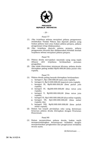 7I
-29-
Pasal TT
(1) Jika terpidana selama menjalani pidana pengawasan
melakukan Tindak Pidana dan dijatuhi pidana yang
bukan pidana mati atau bukan pidana penjara, pidana
pengawasan tetap dilaksanakan.
(21 Jika terpidana dijatuhi pidana penjara, pidana
pengawasan ditunda dan dilaksanakan kembali setelah
terpidana selesai menjalani pidana penjara.
Pasal 78
(1) Pidana denda merupakan sejumlah uang yang wajib
dibayar oleh terpidana berdasarkan putusan
pengadilan.
(21 Jika tidak ditentukan minimum khusus, pidana denda
ditetapkan paling sedikit Rp50.000,00 (lima puluh ribu
rupiah).
Pasal 79
(l) Pidana denda paling banyak ditetapkan berdasarkan:
a. kategori I, Rp1.000.00O,0O (satu juta rupiah);
b. kategori II, Rp10.000.000,00 (sepuluh juta rupiah);
c. kategori III, Rp50.0O0.O00,0O (lima puluh juta
rupiah);
d. kategori IV, Rp200.000.000,00 (dua ratus juta
rupiah);
e. kategori V, Rp500.000.000,O0 (lima ratus juta
rupiah);
f. kategori VI, Rp2.000.000.000,00 (dua miliar rupiah);
g. kategori VII, RpS.0O0.O00.0O0,O0 (lima miliar
rupiah); dan
h. kategori VIII, Rp5O.0O0.O0O.00O,0O (lima puluh
miliar rupiah).
(21 Dalam hal terjadi perubahan nilai uang, ketentuan
besarnya pidana denda ditetapkan dengan Peraturan
Pemerintah.
Pasal 8O
(l) Dalam menjatuhkan pidana denda, hakim wajib
mempertimbangkan kemampuan terdakwa dengan
memperhatikan penghasilan dan pengeluaran terdakwa
secara nyata,
SK No 161029A
(2) Ketentuan. . .
 