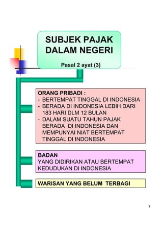 7
ORANG PRIBADI :
- BERTEMPAT TINGGAL DI INDONESIA
- BERADA DI INDONESIA LEBIH DARI
183 HARI DLM 12 BULAN
- DALAM SUATU TA...