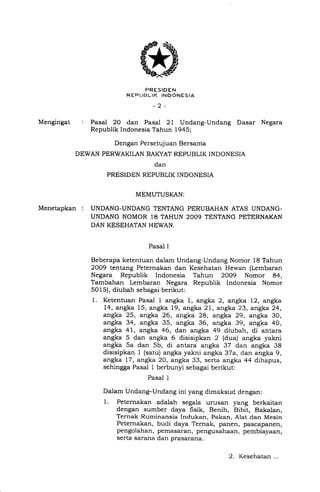 PRESIOEN
R EPI-IEIL IK INOONESIA
-2-
Mengingat : Pasal 20 dan Pasal 21 Undang-Undang Dasar Negara
Republik Indonesia Tahun 1945;
Dengan Persetujuan Bersama
DEWAN PERWAKILAN RAKYAT REPUBLIK INDONESIA
dan
PRESIDEN REPUBLIK INDONESIA
MEMUTUSI(AN:
Menetapkan : UNDANG-UNDANGTENTANG
UNDANG NOMOR 18 TAHUN
DAN KESEHATAN HEWAN.
PERUBAHAN ATAS UNDANG-
2OO9 TENTANG PETERNAKAN
Pasal I
Beberapa ketentuan dalam Undang-Undang Nomor 18 Tahun
2009 tentang Peternakan dan Kesehatan Hewan (Lembaran
Negara Republik Indonesia Tahun 2OO9 Nomor 84,
Tambahan Lembaran Negara Republik Indonesia Nomor
5015), diubah sebagai berikut:
1. Ketentuan Pasal 1 angka 1, angka 2, angka 12, angka
14, angka 15, angka 19, angka 21, angka 23, angka 24,
angka 25, angka 26, angka 28, angka 29, angka 30,
angka 34, angka 35, angka 36, angka 39, angka 40,
angka 41, angka 46, dan angka 49 diubah, di antara
angka 5 dan angka 6 disisipkan 2 (dua) angka yakni
angka 5a dan 5b, di antara angka 37 dan angka 38
disisipkan 1 (satu) angka yakni angka 37a, dan angka 9,
angka 17, angka 20, angka 33, serta angka 44 dihapus,
sehingga Pasal 1 berbunyi sebagai berikut:
Pasal 1
Dalam Undang-Undang ini yang dimaksud dengan:
l. Peternakan adalah segala urusan yang berkaitan
dengan sumber daya fisik, Benih, Bibit, Bakalan,
Ternak Ruminansia Indukan, Pakan, Alat dan Mesin
Peternakan, budi daya Ternak, panen, pascapanen,
pengolahan, pemasaran, pengusahaan, pembiayaan,
serta sarana dan prasarana.
2. Kesehatan...
 