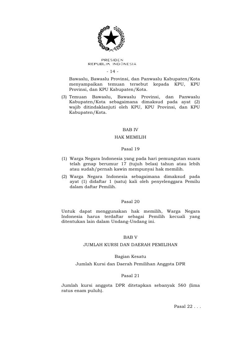 Uu nomor 8 tahun 2012 tentang Pemilu Legislatif dan DPD