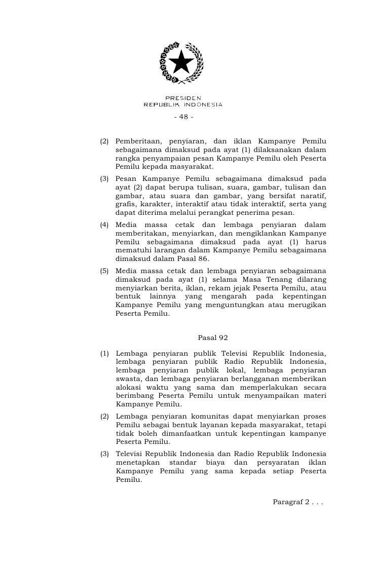 Uu nomor 8 tahun 2012 tentang Pemilu Legislatif dan DPD