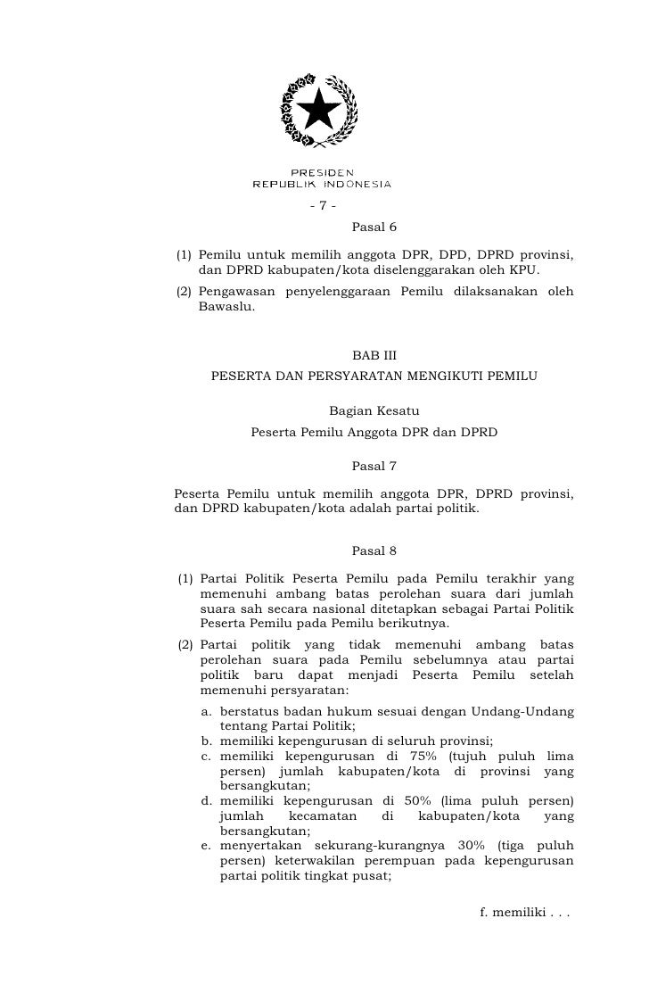 Uu nomor 8 tahun 2012 tentang Pemilu Legislatif dan DPD