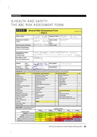 APPENDICES
B HEALTH AND SAFETY:
TH E BBC RISK ASSESSN4 ENT FORN4
EI EI EI General Risk Assessment Form
- Part A
Apil 2007- DC
Division / Studio
fteuth ?arF Department / Series exh h., i(
Business Unit / Production
Address lklel^ Qa--te*
Producer / Editor
*Tel:
Iilobile:
CD*t*"t
Period covered by assessment t fi - Version number
Outline of risk assessment
Summary of what is proposed
Team members / experts /
contractors / etc.
List those involved
irgw, id.r_r€6o( ), fr;i'on (t"atftrc{4'v''r'r?1i / Oc+oYS ;
EltT,Ldtt€|, L*r'n, {-cy-''.e,r,, (*l't u.t *'<rr** "*1,roj
Site/Office/Location
Outline site/ locations involved
Assessor
Signature e+rPv<e,t P7".
Date completed ry at l tg
Authoriser
(if not Assessor)
Name
Signature (
Date authorised
Hazafd list - setmt your hazards from the list below and use these to complete Paft B (add others where appropriate)
Situational hazards Tick Physical / chemical huards Tick Health huards Tick
Asbestos Contactwith cold liquid / vapour Disease €usative agent
Assault by person Contact with cold surface lnfection
Attacked by animal Contact with hot liquid / vapour Lack of food / water
Breathing compressed gas Contact with hot surface Lack ofoxygen
Cold environment Eleclric shock =:*- Physical fatigue
Crush by load Explosive blast Repetitive action xDroMing Explosive release of stored pressure Static body posture
Enlanglement in moving machinery Fire Slress
Hot environment
lnlimidaiion lonizing cdialion
Lning Equipment Laser light Environmental hzards
Manual handling Lightning strike Litter
Object falling, moving or flying 71 Noise Nuisance noise / vibration
Obstruction / exposed feature Non-ionizing radiation Physical damage
Sharp object / material Stroboscopic light Wasle substane released into aia
Slippery surface x Vibration Waste substance released into soil/ Eler
Trap in moving machinery
Trip hazard Other
Vehicle impact / collision
Working at height r
RiSk matfix - use this to deternine isk for
each hazard i.e. 'how bad and how likely' Likelihood of Harm
Severity of Harm
Remote
e.g. <1 in 1000 chance
Unlikely
e.g. 1 in 200 chance
Possible
e.9. 1 in 50 chan@
Likely
e.g. I in 10 chance
Probable
e.g. >1 in 3 chance
Negligible e.g. small btuise Very low
Slight e.g. small cut, deep bruise Very low Medium
Moderate e.g. deep cut, tom muscle Medium Medium
Sev ere e.g- fractute, /oss of corsciousress Medium
Very Severe e.9. death, pemanent disability l,ledium
NUJ Commission on multi-media working 2007 53
I
Name
Hazardous substan@
High
Hish ExtGmely hish
Hiqh Extremelv hiqh Extrerelv hioh
 