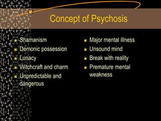 Concept of Psychosis
Shamanism
Demonic possession
Lunacy
Witchcraft and charm
Unpredictable and
dangerous
Major mental illness
Unsound mind
Break with reality
Premature mental
weakness
 