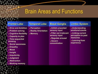 Brain Areas and Functions
Frontal Lobe Temporal Lobe Basal Ganglia Limbic System
Drive and Ambition
Problem solving
Cognitive flexibility
Capacity to plan
Time sequential
thinking
Social awareness
Empathy
Mood
Insight
Impulsivity
Judgment
Abstraction
Working memory
Perception
Reality Orientation
Memory
Inhibit unwanted
sensory input
Filter out irrelevant
sensory input
Regulate arousal
Govern
concentration
Understanding
emotional events
Linking current
perception to past
memories
Learning from
experience
 