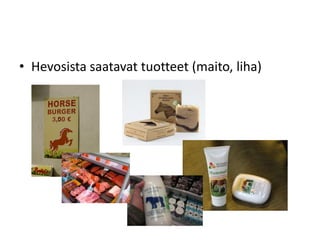 • Hevosista saatavat tuotteet (maito, liha)
 