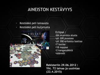 AINEISTON KESTÄVYYS
- Kestääkö peli lainausta
- Kestääkö peli kuljetusta
Eclipse :
•84 muovista alusta
•yli 300 puuosaa
•yli 300 erilaista laattaa
•7 lautaa
•18 noppaa
•2 kangassäkkiä
•säännöt
Rekisteriin 29.06.2012 :
Yht. 72 lainaa ja uusintaa
(22.4.2015)
 