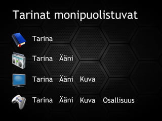 Tarina
Kuva
Osallisuus
ÄäniTarina
Tarina KuvaÄäni
ÄäniTarina
Tarinat monipuolistuvat
 