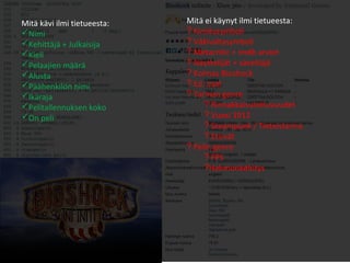 Esimerkki : Bioshock Infinite
60
Mitä ei käynyt ilmi tietueesta:
? Kiroilusymboli
? Väkivaltasymboli
? Metacritic + imdb arviot
? Näyttelijät + säveltäjä
? Kolmas Bioshock
? Ed. osat
? Tarinan genre
? Rinnakkaisulottuvuudet
? Vuosi 1912
? Steampunk / Tieteistarina
? Etsivät
? Pelin genre
? FPS
?Hahmonkehitys
Mitä kävi ilmi tietueesta:
Nimi
Kehittäjä + Julkaisija
Kieli
Pelaajien määrä
Alusta
Päähenkilön nimi
Ikäraja
Pelitallennuksen koko
On peli
 