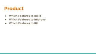Product
● Which Features to Build
● Which Features to Improve
● Which Features to Kill
 